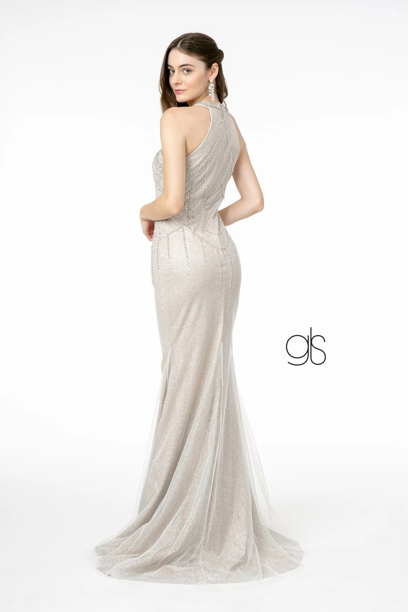 Jeweled High-Neck Glitter Trumpet Dress by Elizabeth K GL1841
