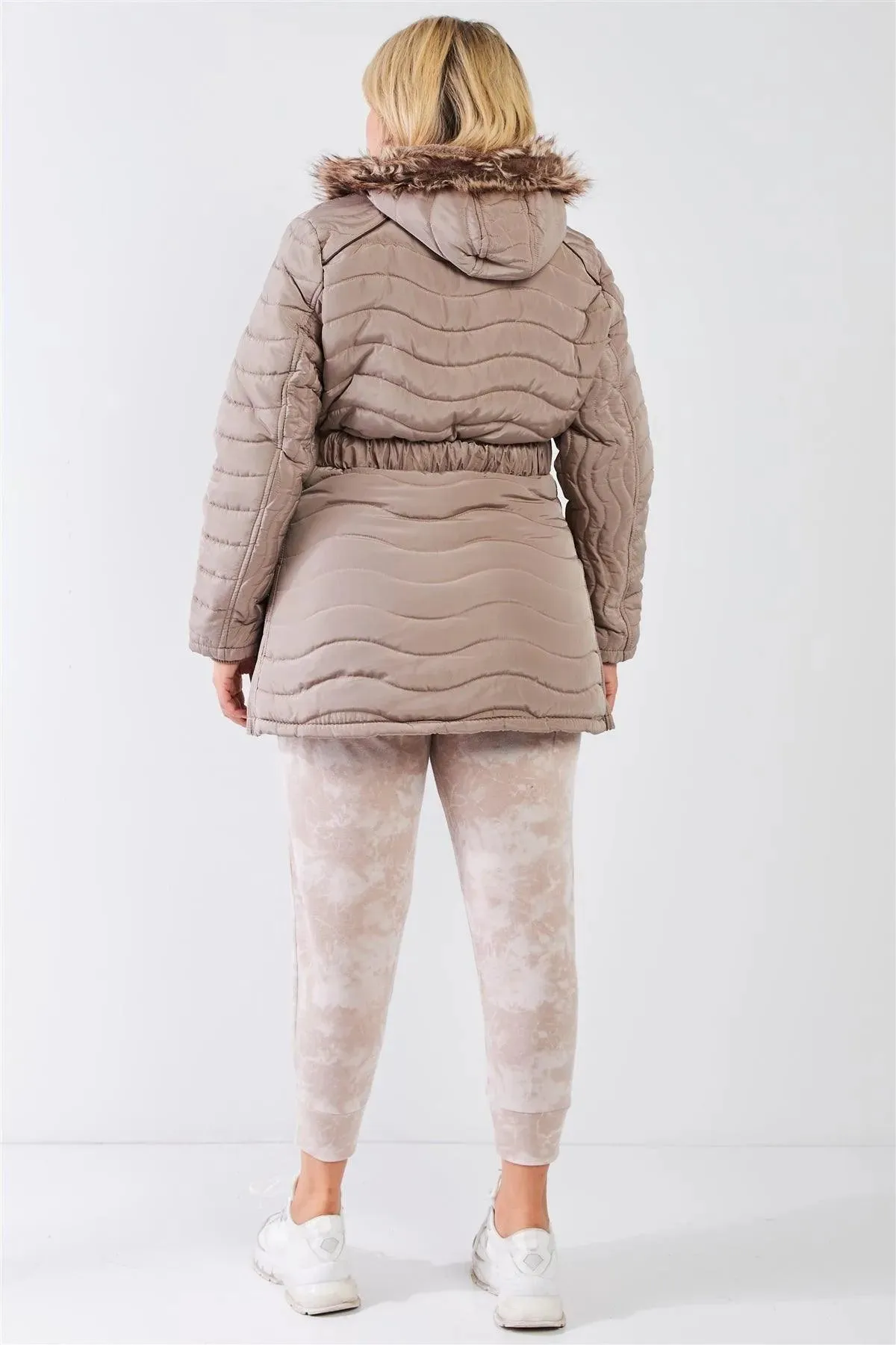 Junior Plus Beige-Tan Wavy Quilt Padded Faux Fur Detachable Hood Belted Long Puffer Jacket /2-1-1