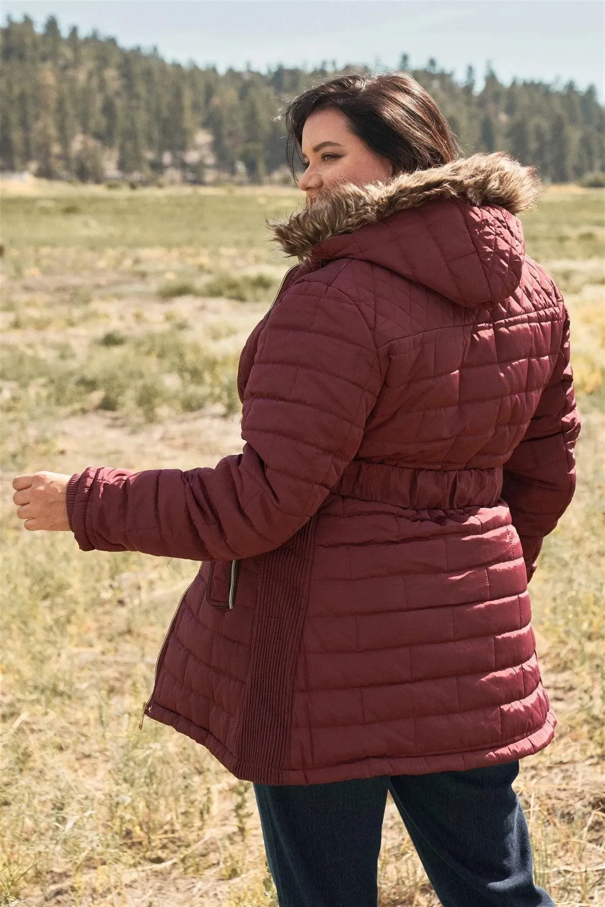 Junior Plus Wine Diamond Quilt Faux Fur Hood Belted Padded Long Puffer Jacket