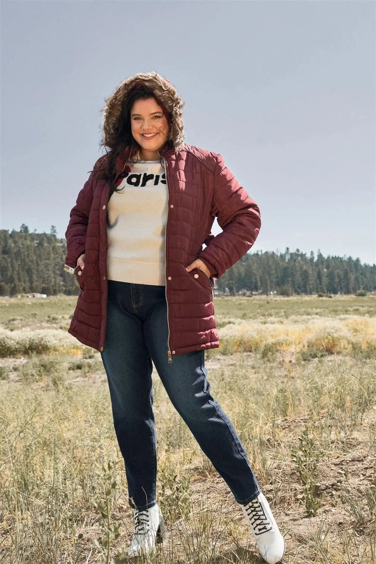 Junior Plus Wine Diamond Quilt Faux Fur Hood Belted Padded Long Puffer Jacket