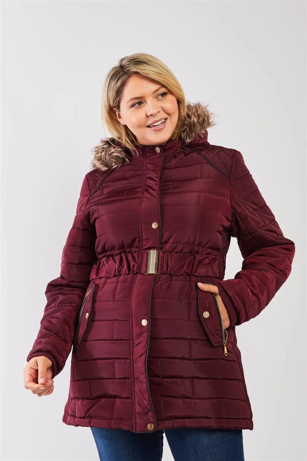 Junior Plus Wine Diamond Quilt Faux Fur Hood Belted Padded Long Puffer Jacket