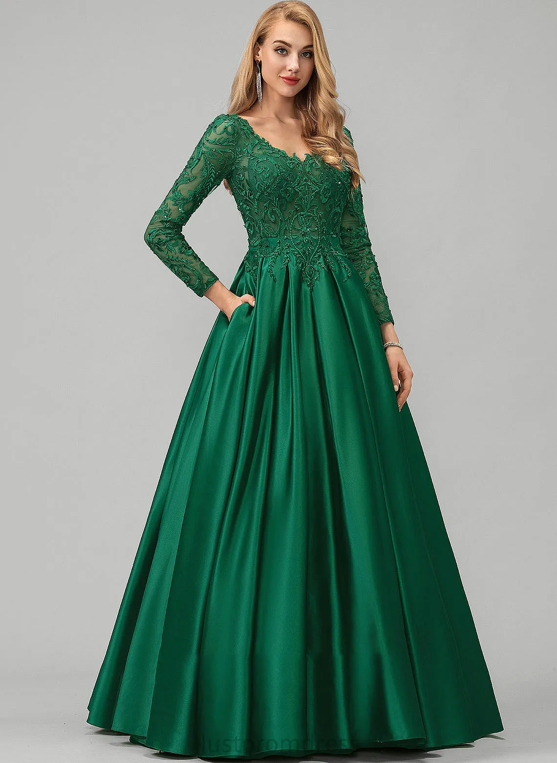 Lace Floor-Length Prom Dresses Ball-Gown/Princess With Sequins Elisabeth Satin V-neck Beading Pockets
