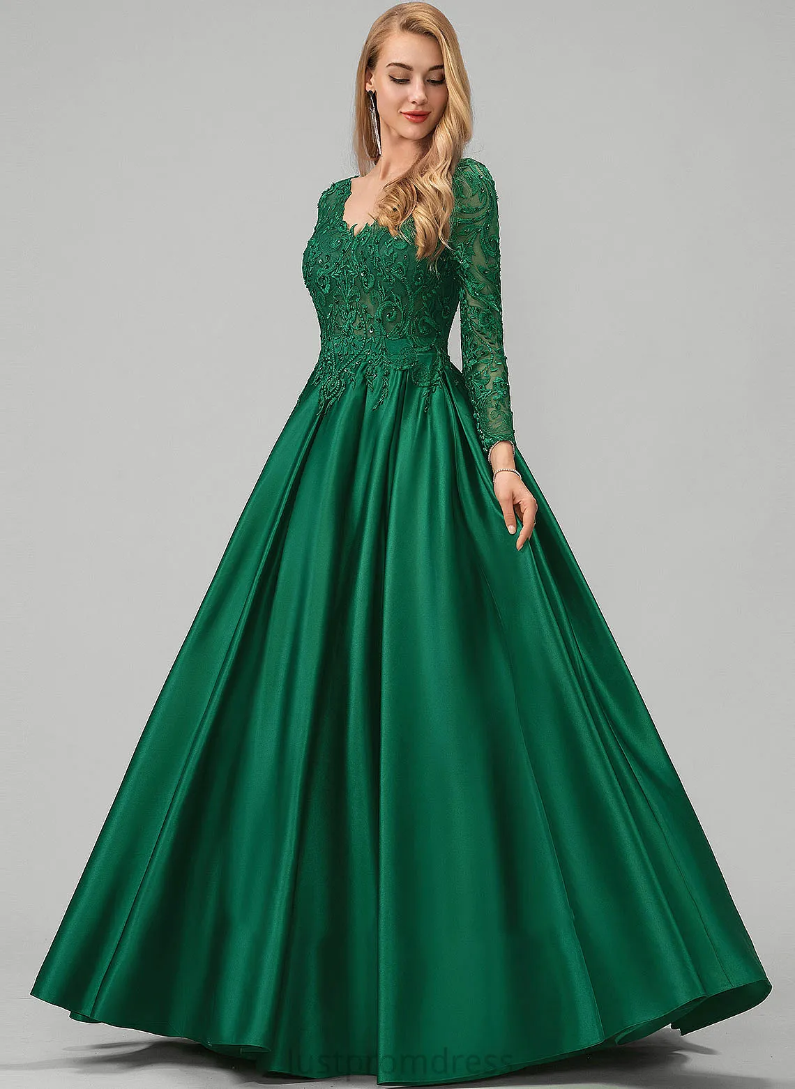 Lace Floor-Length Prom Dresses Ball-Gown/Princess With Sequins Elisabeth Satin V-neck Beading Pockets