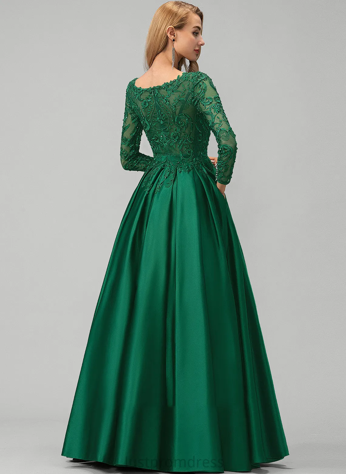 Lace Floor-Length Prom Dresses Ball-Gown/Princess With Sequins Elisabeth Satin V-neck Beading Pockets