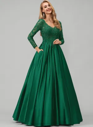 Lace Floor-Length Prom Dresses Ball-Gown/Princess With Sequins Elisabeth Satin V-neck Beading Pockets