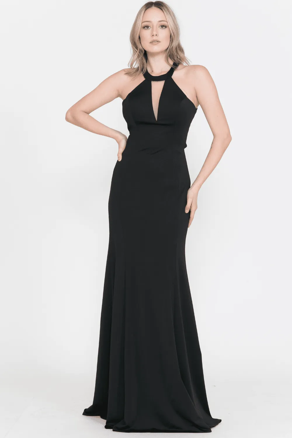 Long High-Neck Trumpet Dress with Strappy Back by Poly USA 8296
