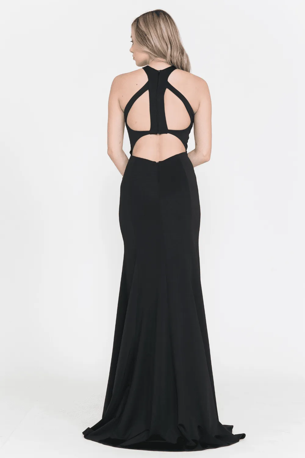 Long High-Neck Trumpet Dress with Strappy Back by Poly USA 8296