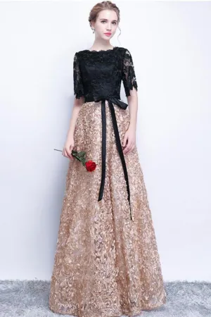 Luolandi A-Line Half Sleeve Long Prom Dress Sexy Evening Dress Floor Length
