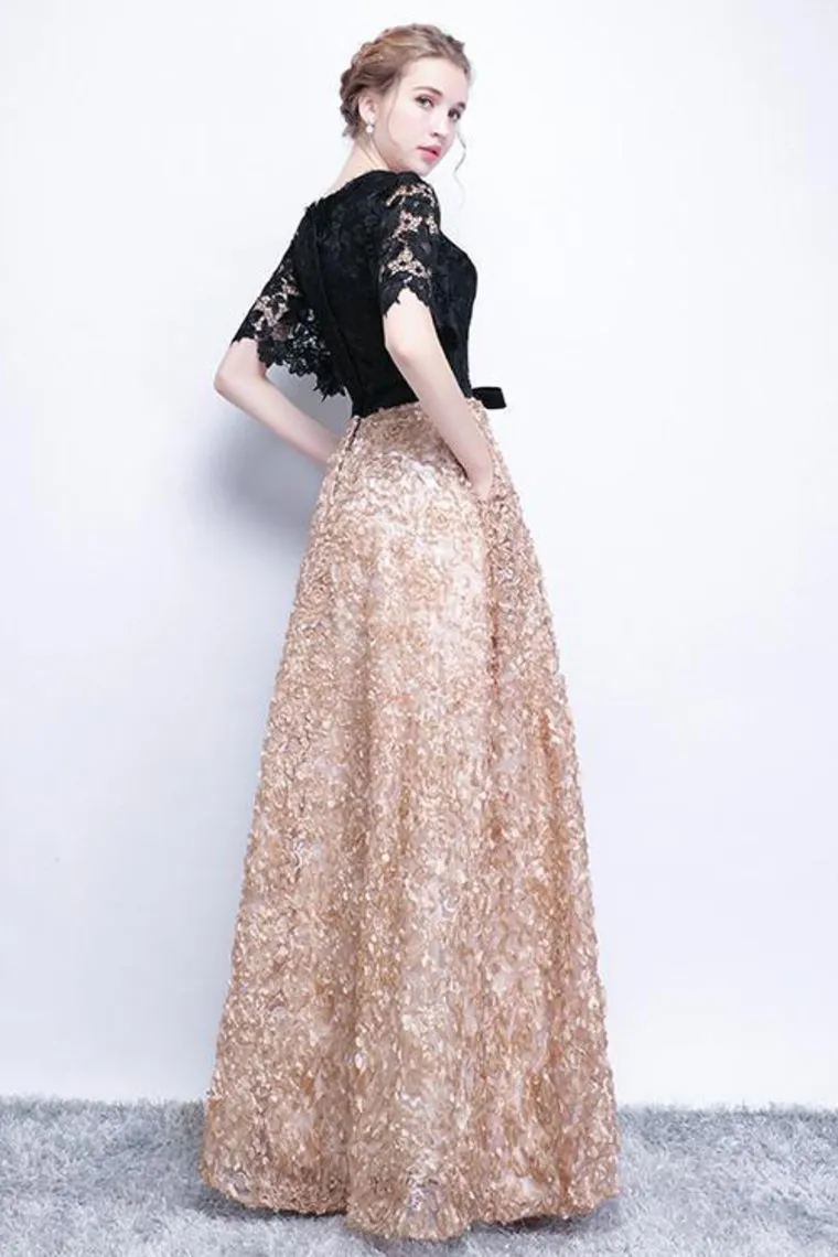 Luolandi A-Line Half Sleeve Long Prom Dress Sexy Evening Dress Floor Length