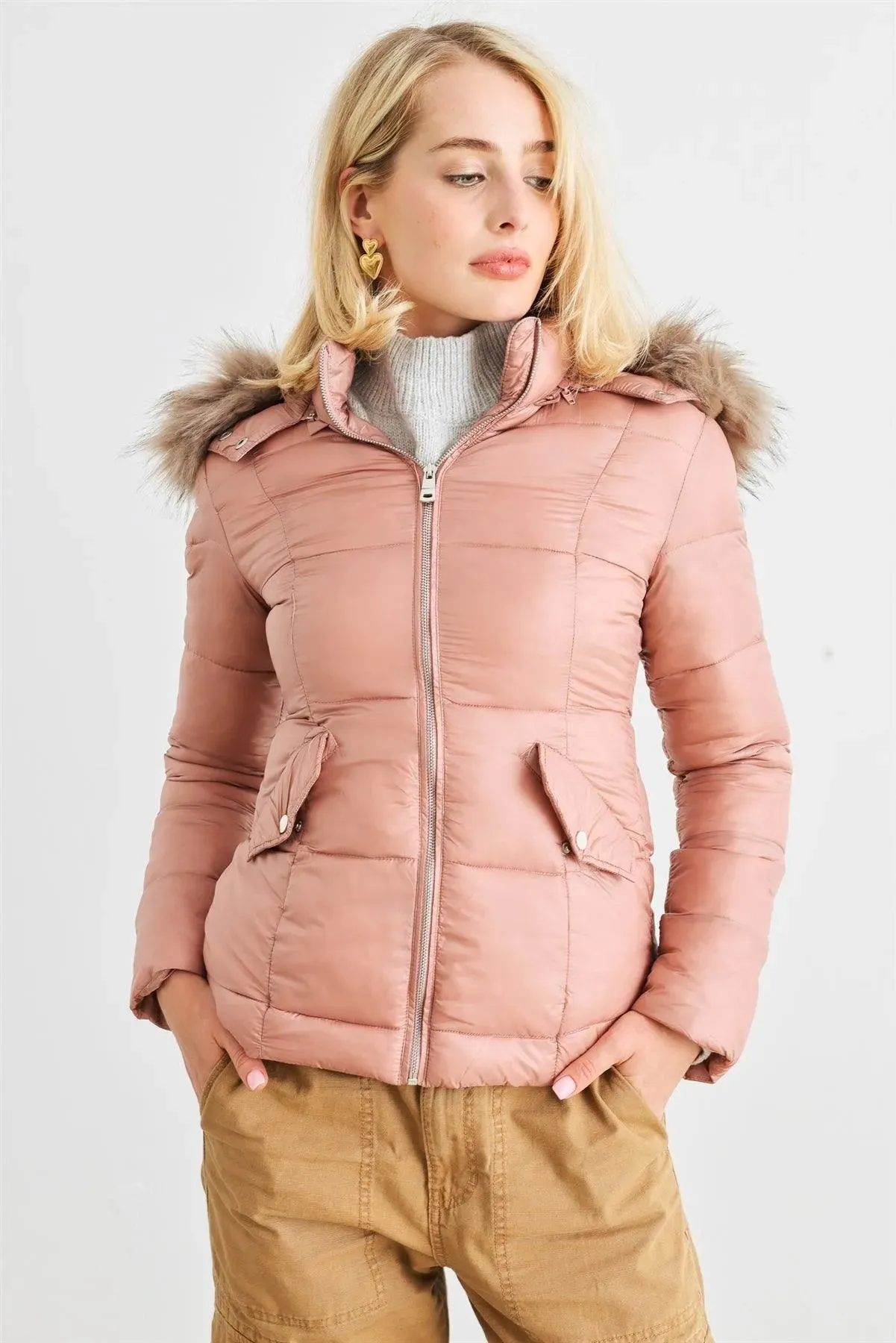 Mauve Long Sleeve Faux Fur Hood Padded Water Resistant Finish Jacket