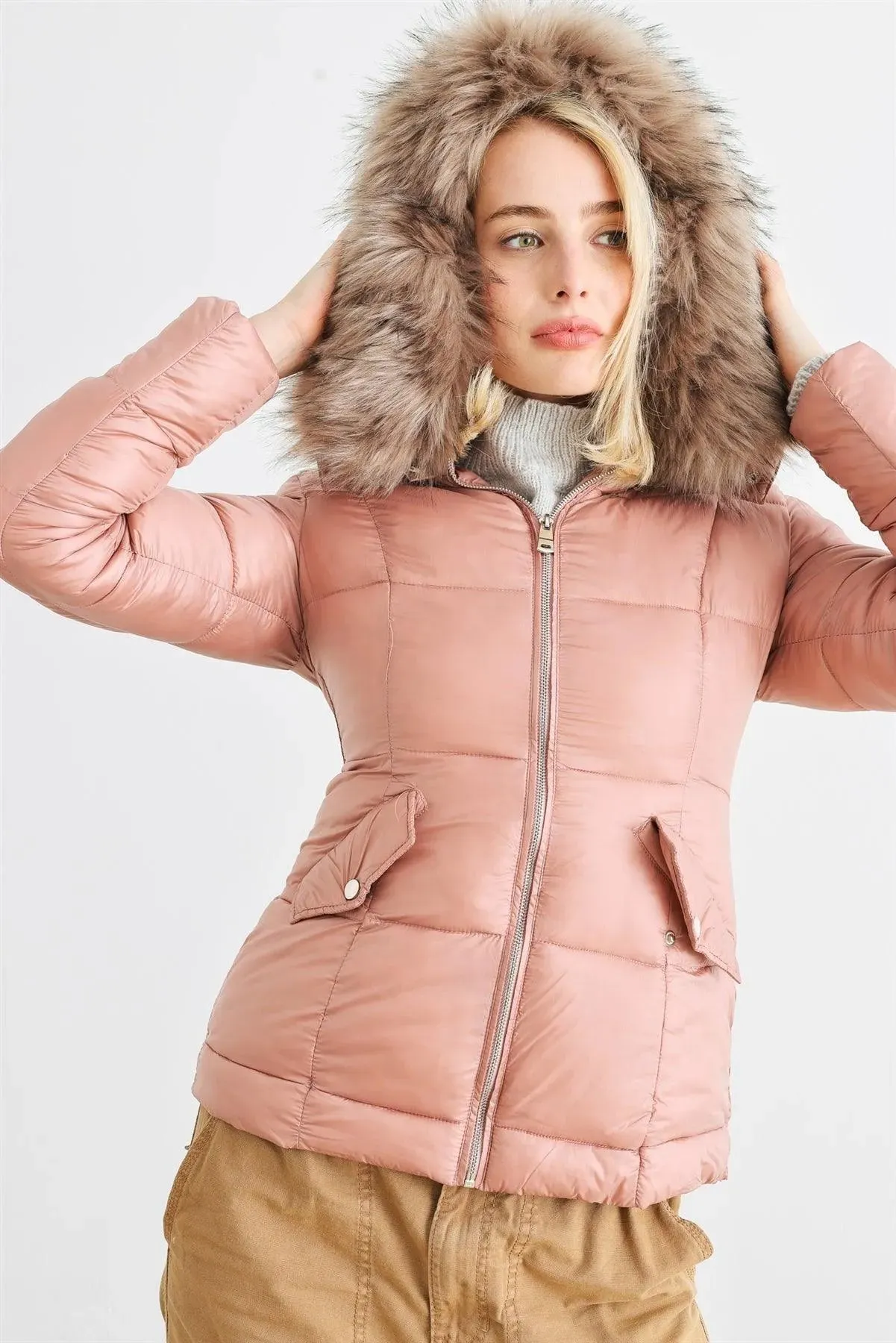 Mauve Long Sleeve Faux Fur Hood Padded Water Resistant Finish Jacket
