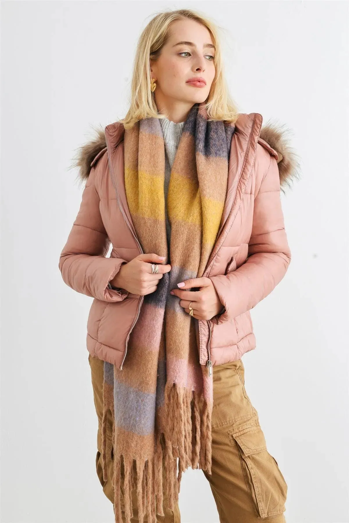 Mauve Long Sleeve Faux Fur Hood Padded Water Resistant Finish Jacket