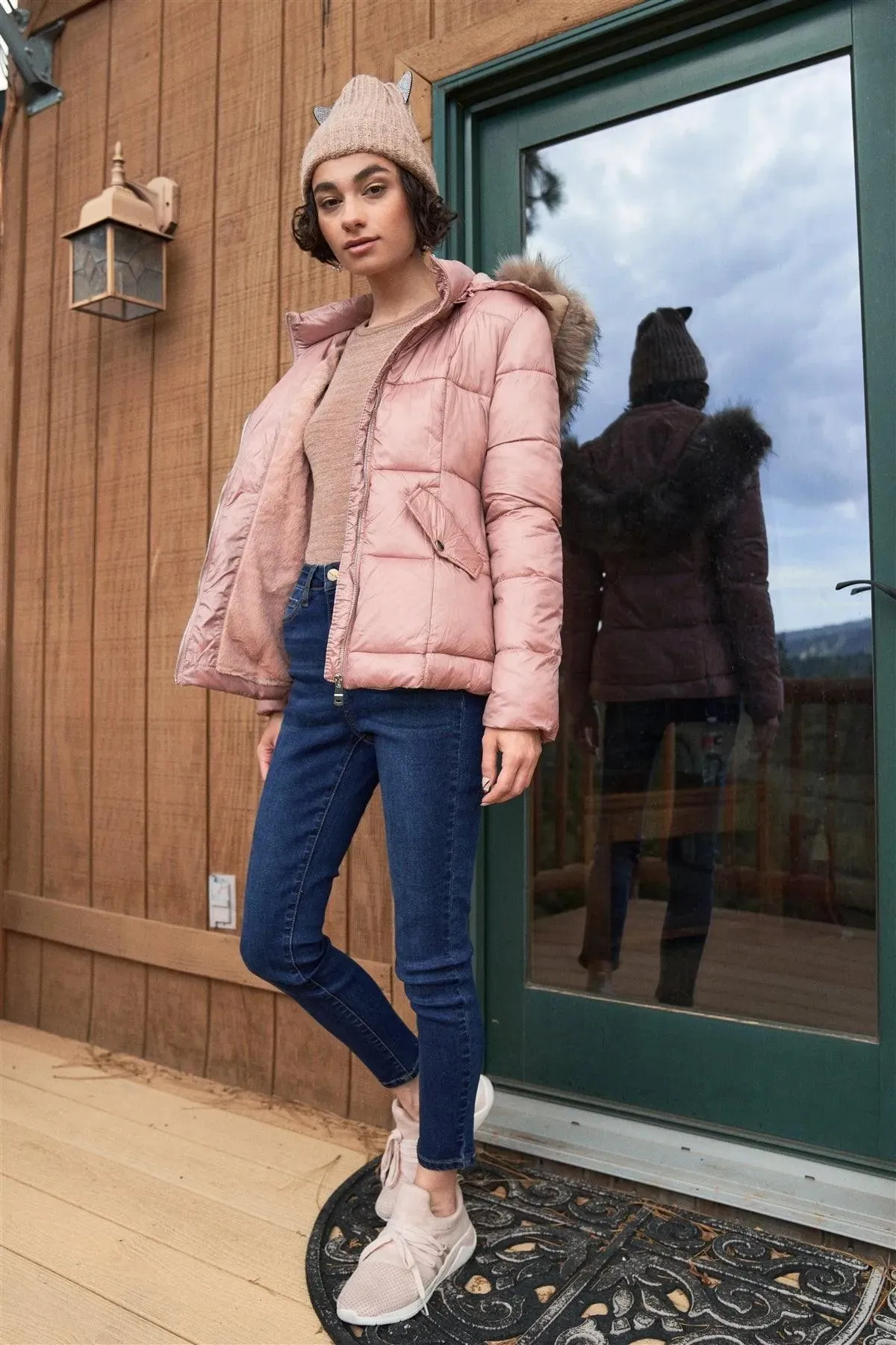 Mauve Long Sleeve Faux Fur Hood Padded Water Resistant Finish Jacket