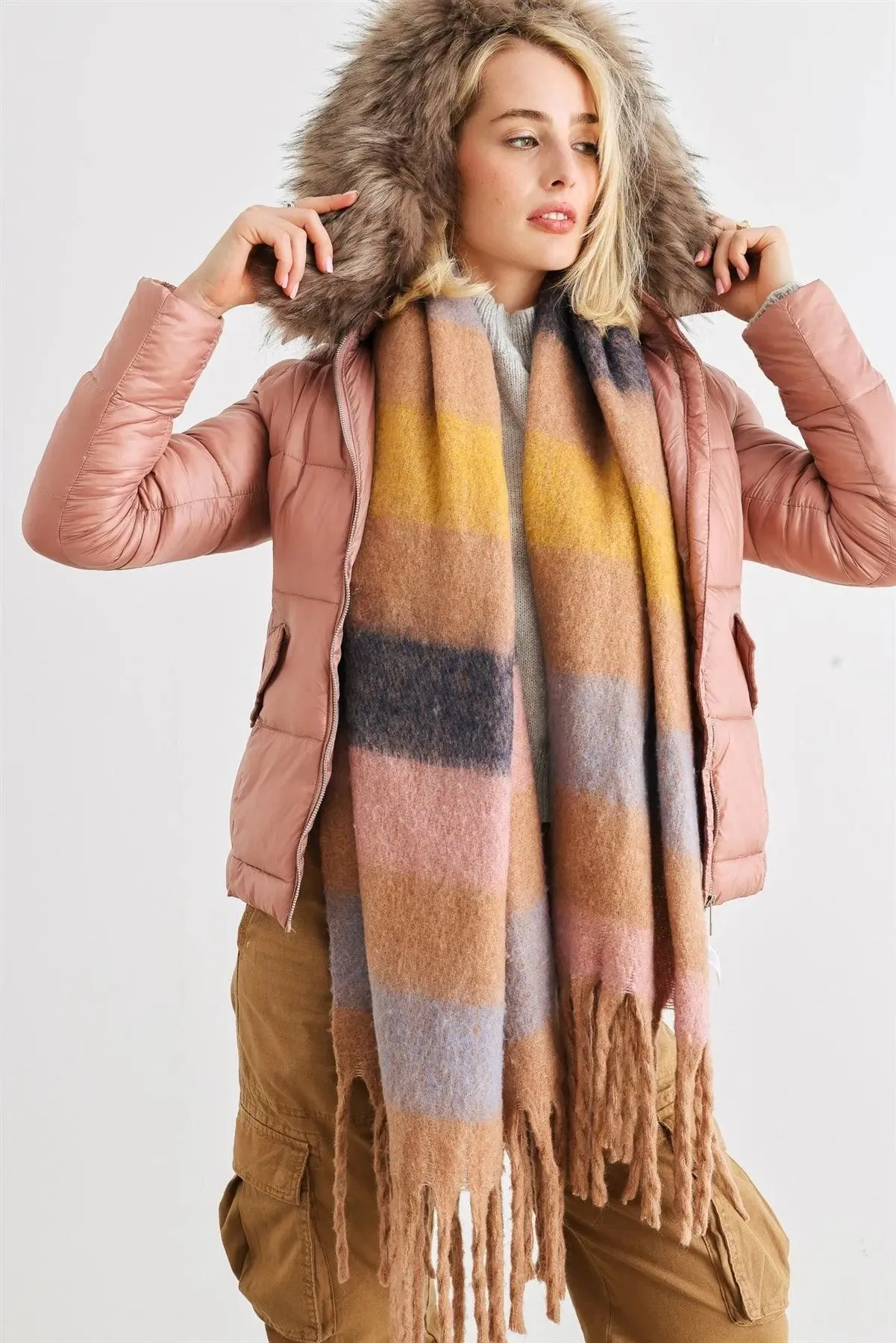 Mauve Long Sleeve Faux Fur Hood Padded Water Resistant Finish Jacket