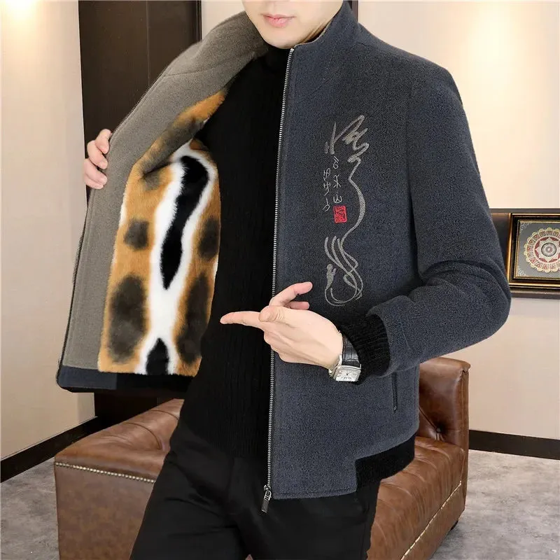 Men's Print Woolen  Stand Collar Jacket