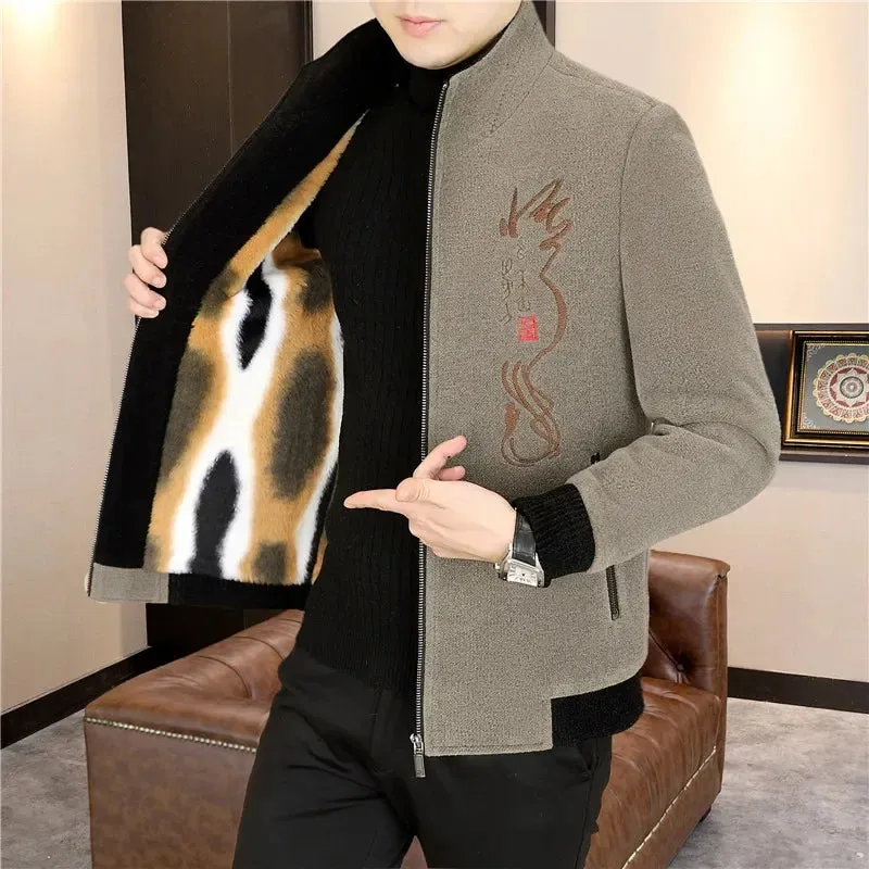 Men's Print Woolen  Stand Collar Jacket
