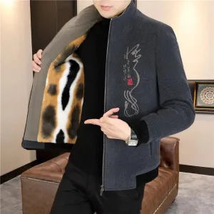 Men's Print Woolen  Stand Collar Jacket