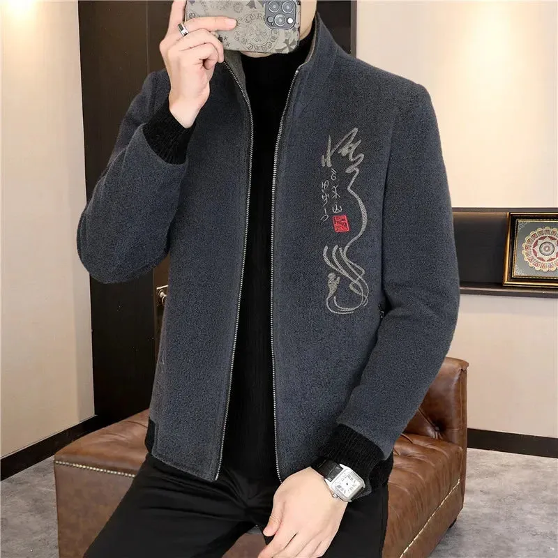 Men's Print Woolen  Stand Collar Jacket