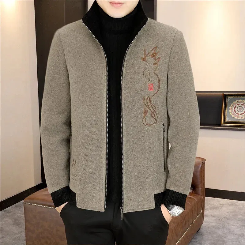 Men's Print Woolen  Stand Collar Jacket