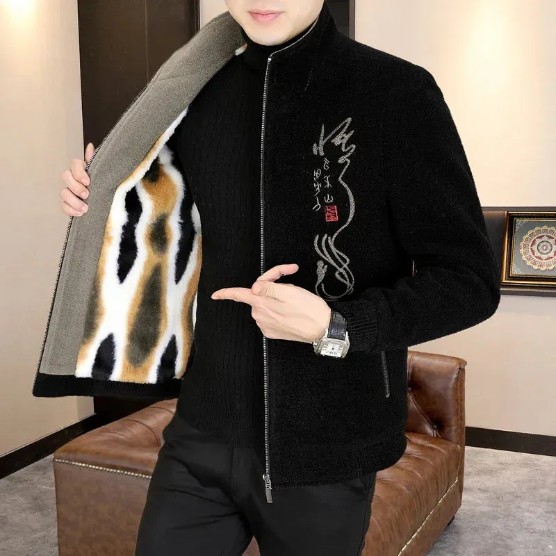 Men's Print Woolen  Stand Collar Jacket