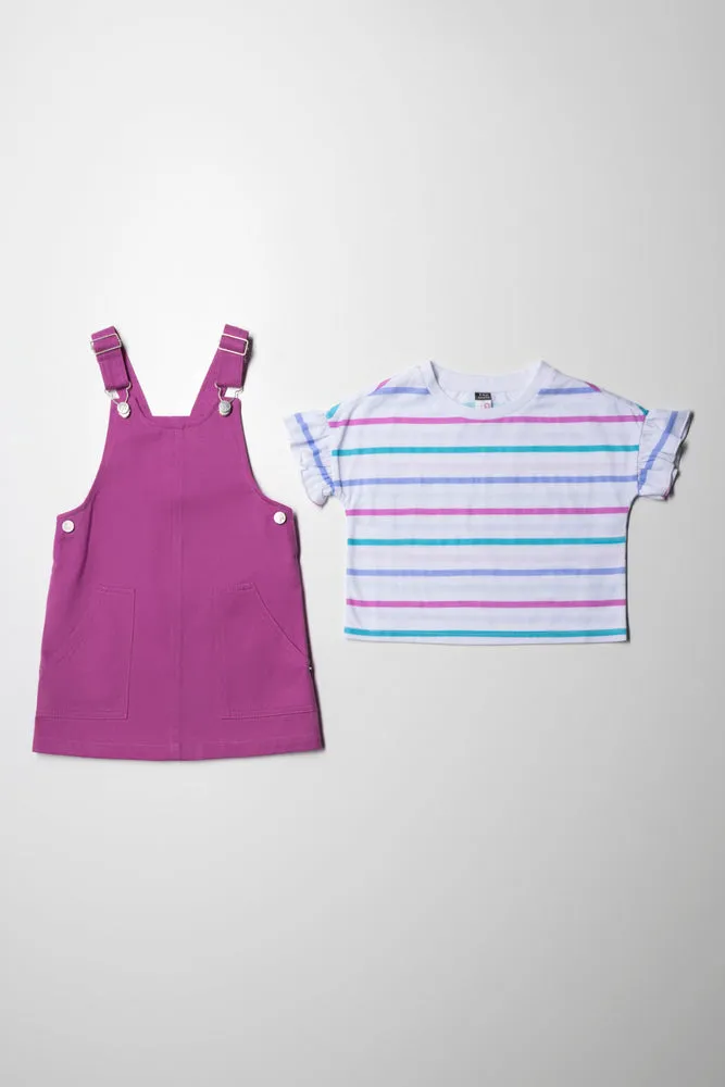Pinafore With Stripe Short Sleeve T-Shirt Set Pink