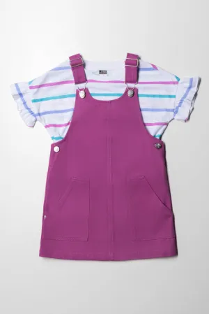 Pinafore With Stripe Short Sleeve T-Shirt Set Pink