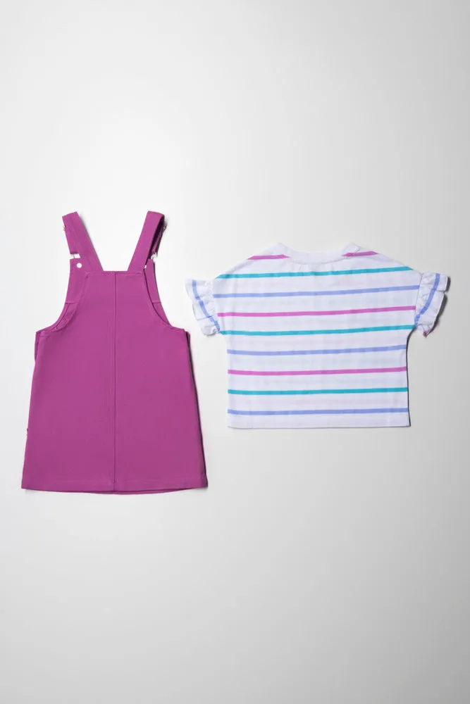 Pinafore With Stripe Short Sleeve T-Shirt Set Pink
