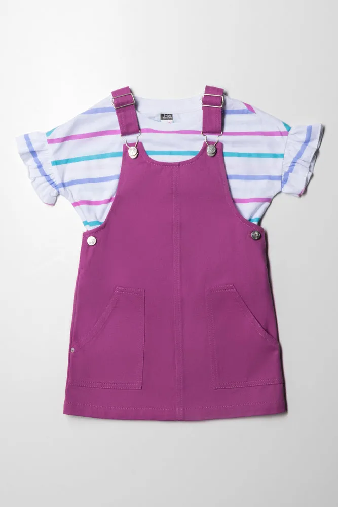 Pinafore With Stripe Short Sleeve T-Shirt Set Pink