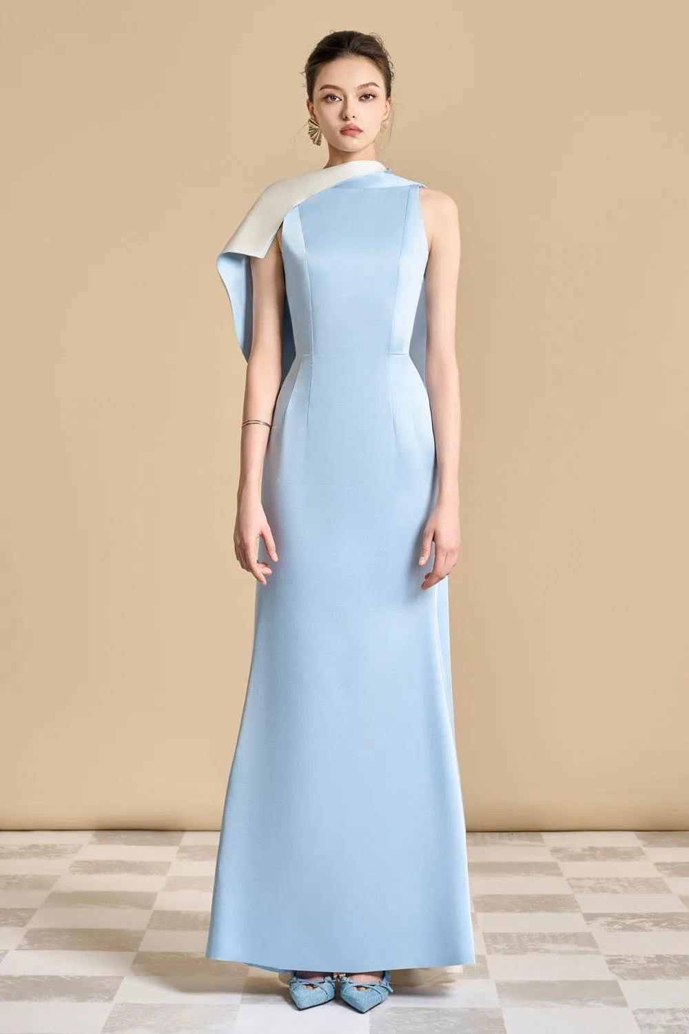Poppy Trumpet Sleeveless Satin Floor Length Dress