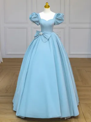 Quinceanera Dress Blue Satin Puff Sleeves Long Prom Gown Blue Long Sweet Dress