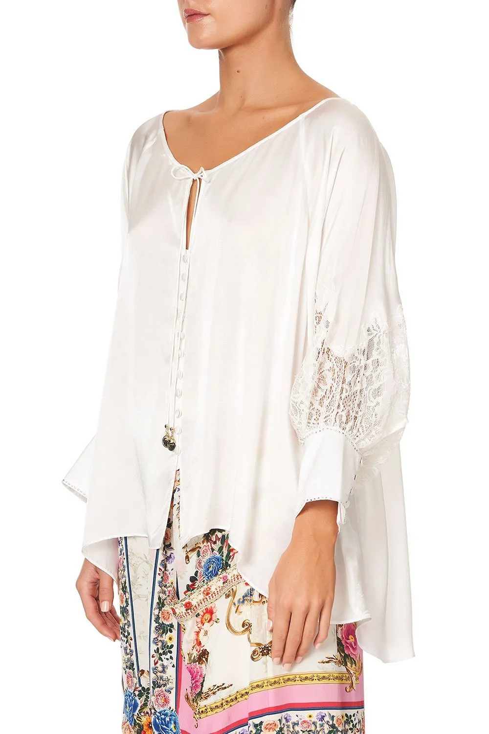 RAGLAN SLEEVE BUTTON UP TOP SOLID CREAM
