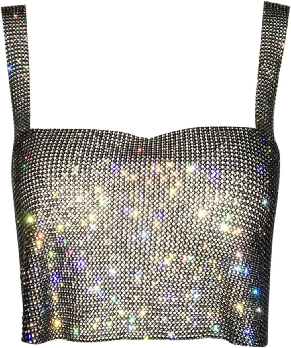 Rhinestone Club Tank Tops for Women Going Out Sequin Square Neck Sleeveless Y2K Shirts Camisole Glitter Party Cute