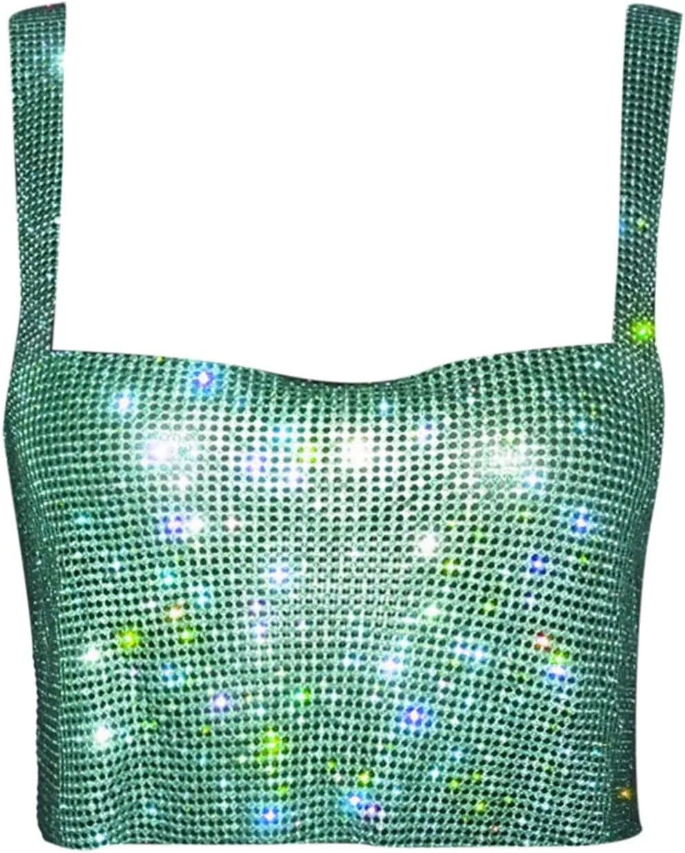 Rhinestone Club Tank Tops for Women Going Out Sequin Square Neck Sleeveless Y2K Shirts Camisole Glitter Party Cute