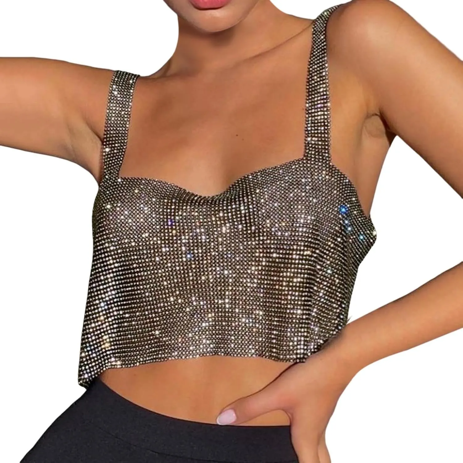 Rhinestone Club Tank Tops for Women Going Out Sequin Square Neck Sleeveless Y2K Shirts Camisole Glitter Party Cute