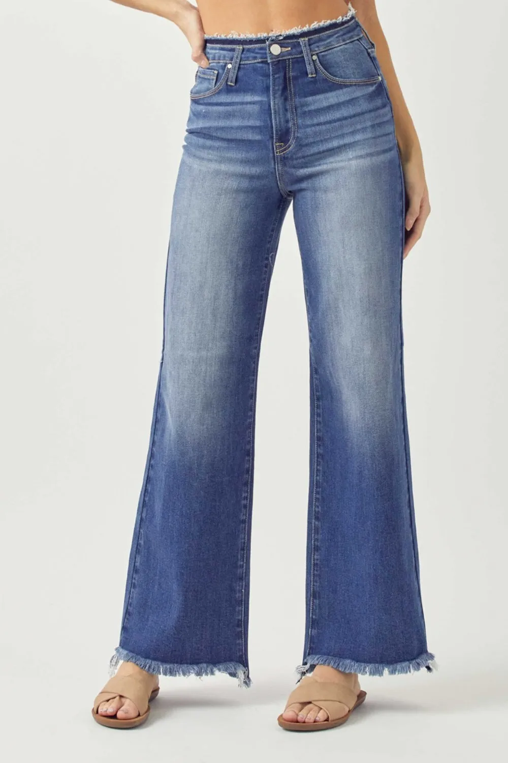 RISEN Alaina High Waist Raw Hem Wide Leg Jeans