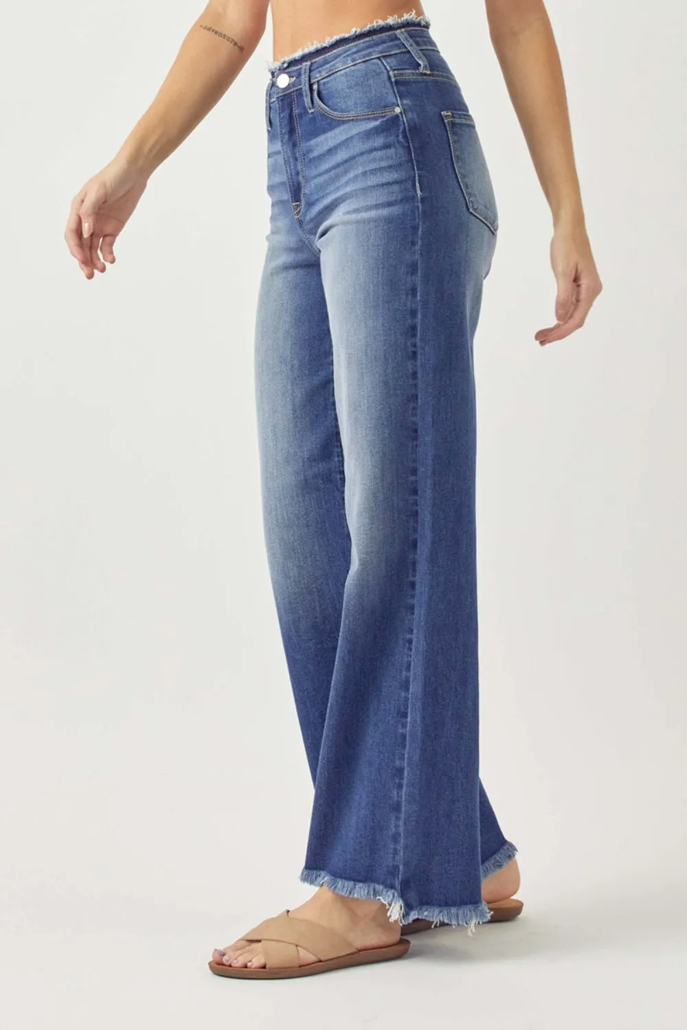 RISEN Alaina High Waist Raw Hem Wide Leg Jeans