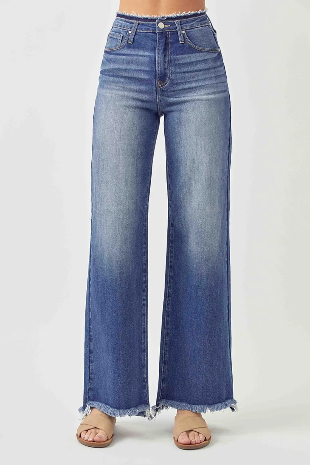 RISEN Alaina High Waist Raw Hem Wide Leg Jeans