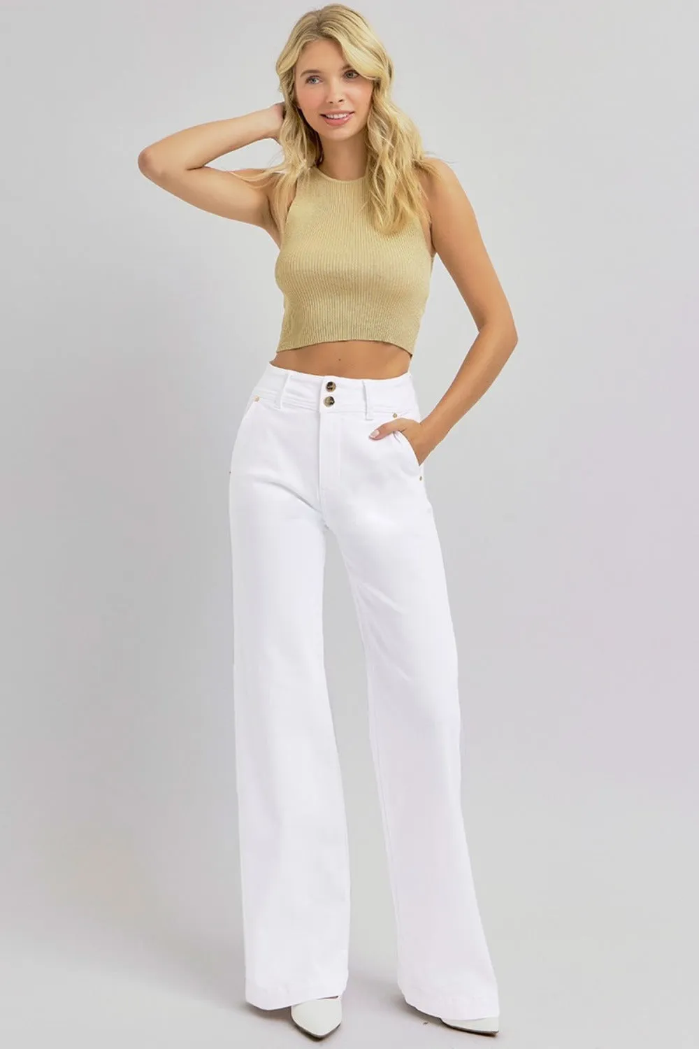RISEN High-Rise Tummy Control Boyfriend Jeans Double Button Wide Leg Denim Pants