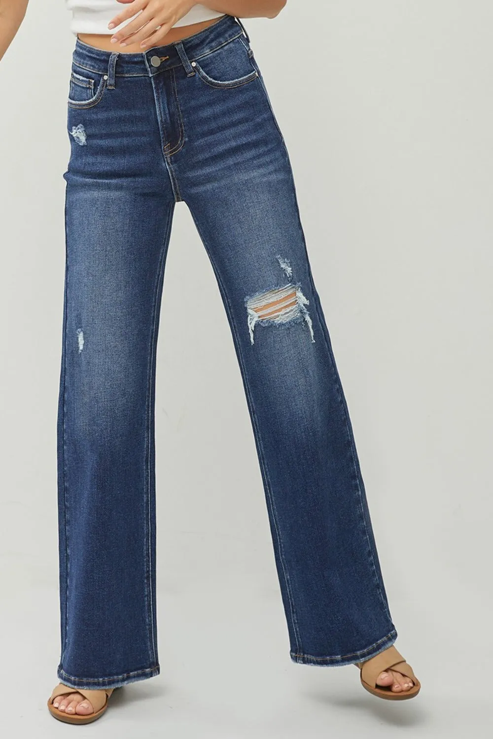 RISEN High-Rise Wide Leg Pants Distressed Torn Hole Boyfriend Relaxed Denim Jeans