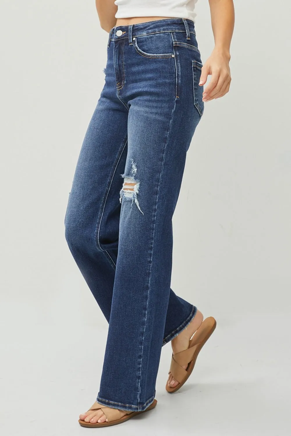 RISEN High-Rise Wide Leg Pants Distressed Torn Hole Boyfriend Relaxed Denim Jeans