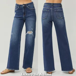 RISEN High-Rise Wide Leg Pants Distressed Torn Hole Boyfriend Relaxed Denim Jeans