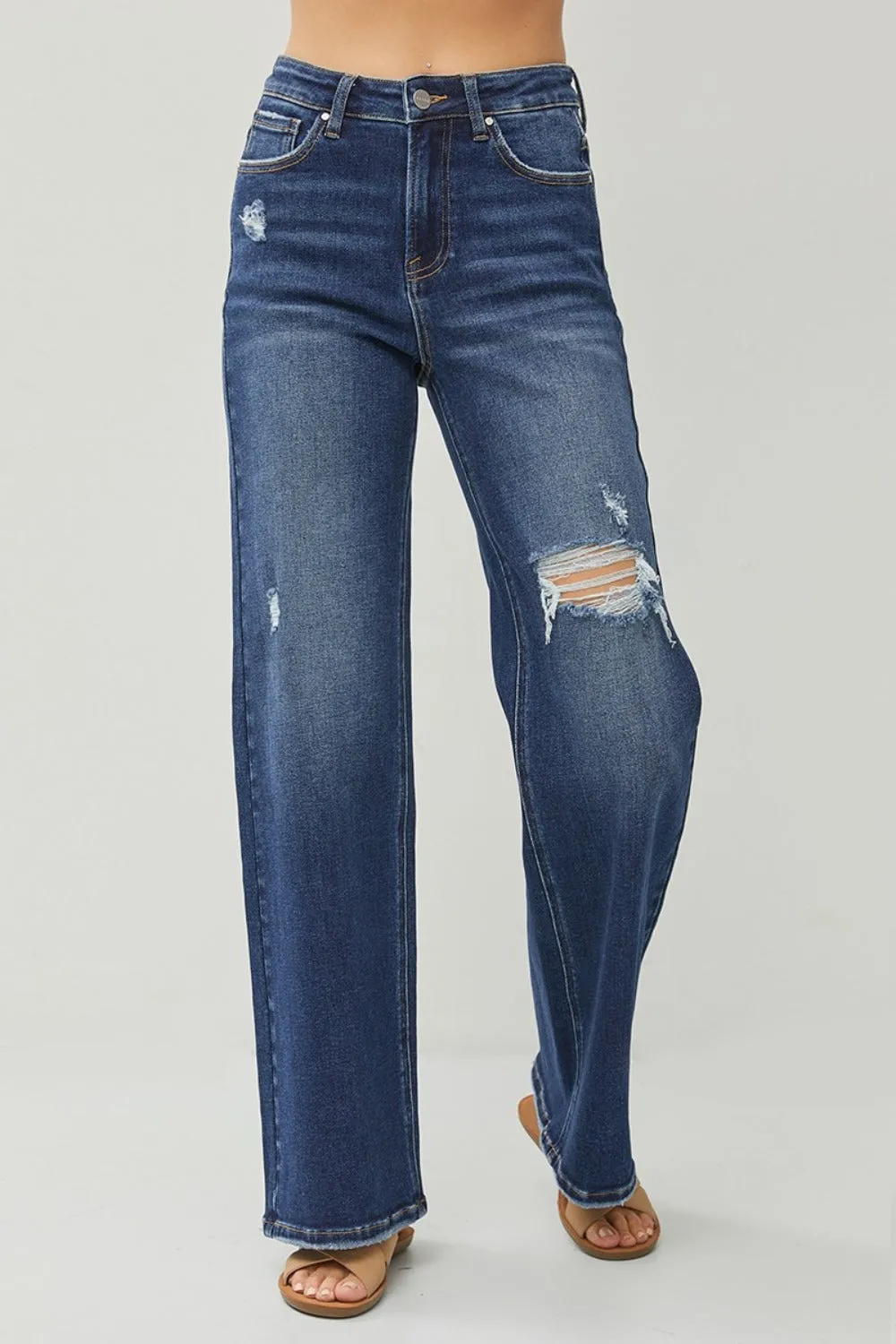 RISEN High-Rise Wide Leg Pants Distressed Torn Hole Boyfriend Relaxed Denim Jeans