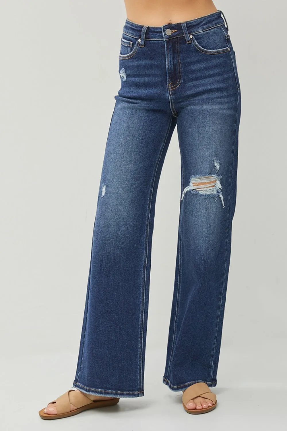 RISEN High-Rise Wide Leg Pants Distressed Torn Hole Boyfriend Relaxed Denim Jeans