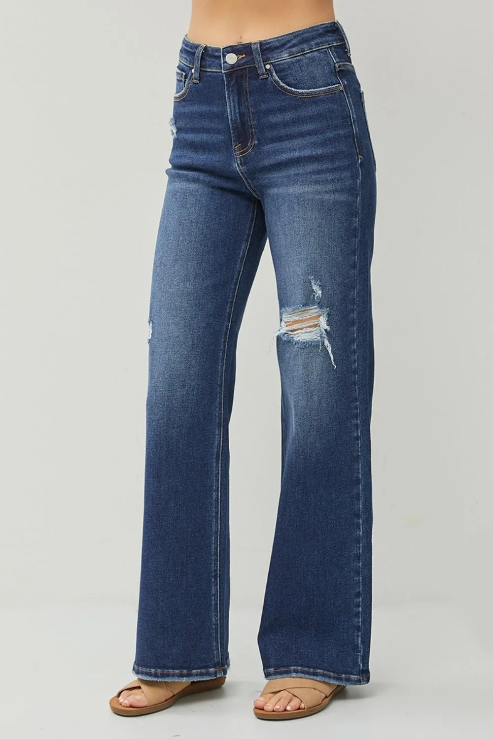 RISEN High-Rise Wide Leg Pants Distressed Torn Hole Boyfriend Relaxed Denim Jeans