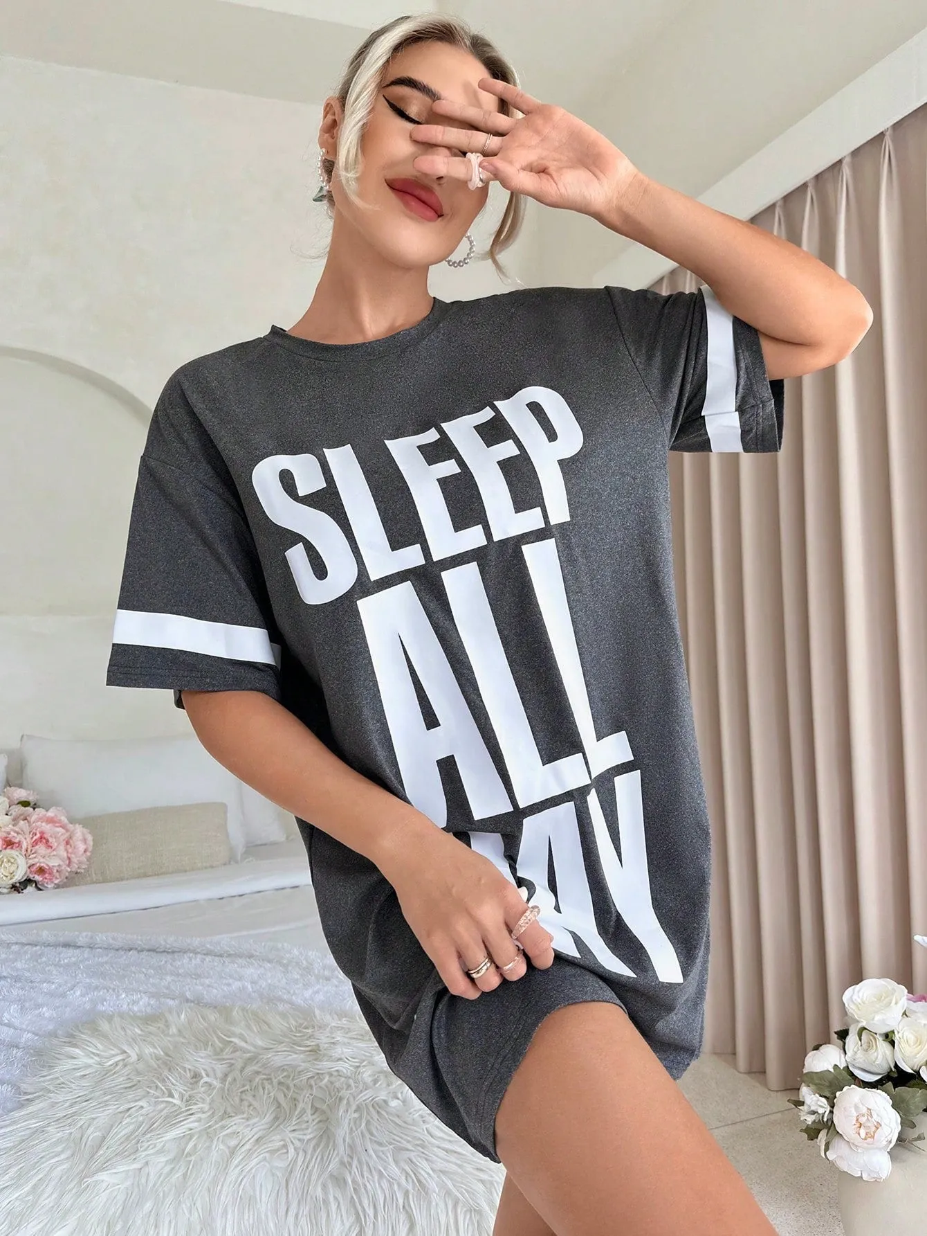 Slogan Graphic Drop Shoulder Nightdress