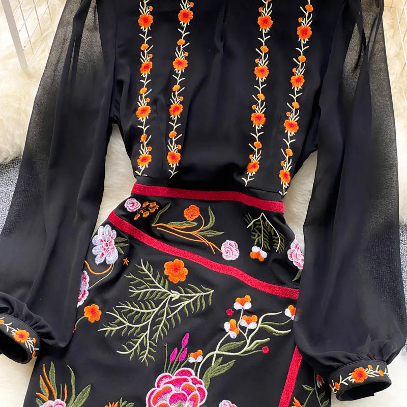 Stand-up Collar Embroidered Dress
