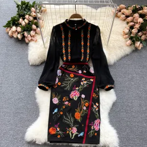 Stand-up Collar Embroidered Dress