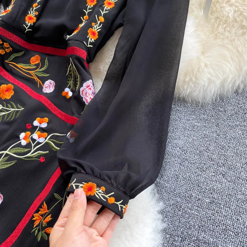 Stand-up Collar Embroidered Dress