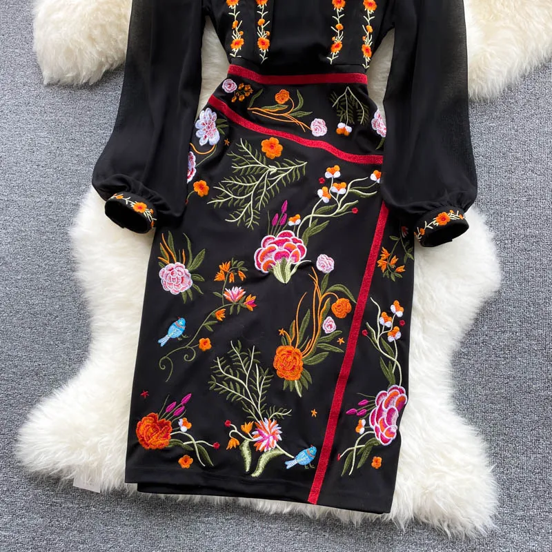 Stand-up Collar Embroidered Dress
