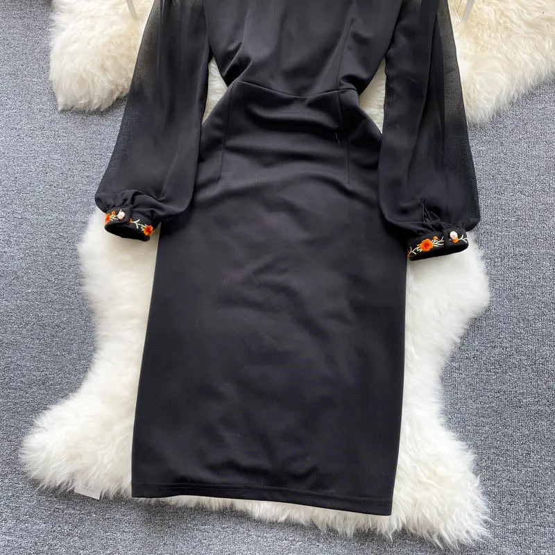 Stand-up Collar Embroidered Dress